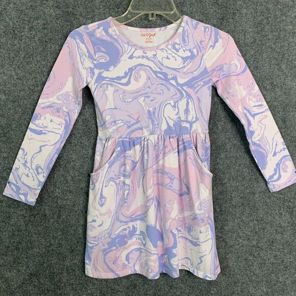 Cat & Jack Knit Dress Long Sleeve Pockets Pull On Blue Pink Swirl Sz Girls 7-8 - Picture 1 of 10